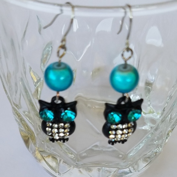 Hand Crafted Earrings Crystal-eyed Owl Dangle Aqua/Black Beaded 1.25” Pierced - Picture 1 of 6